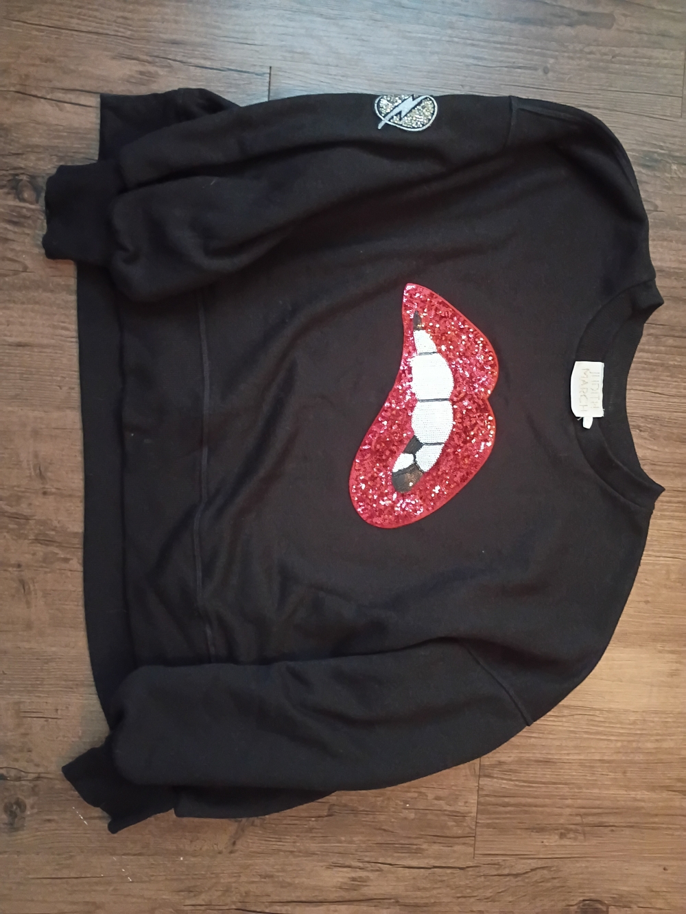 Judith March Black Sweatshirt with Red Sequin Lips